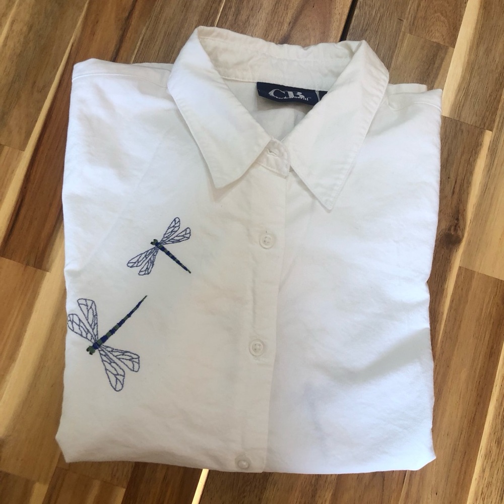 Dragon fly embroidered Vintage CB casual White Button-Up Shirt